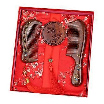 Wooden Comb and Mirror Wedding Gift Set for Brides, Straight Hair Detangling Comb with Handheld Mirror