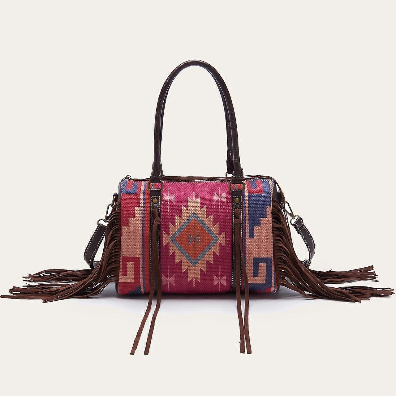 Canvas Tote Bag Geometric Pattern Fringe Decor Shoulder Beach Bag Purple red