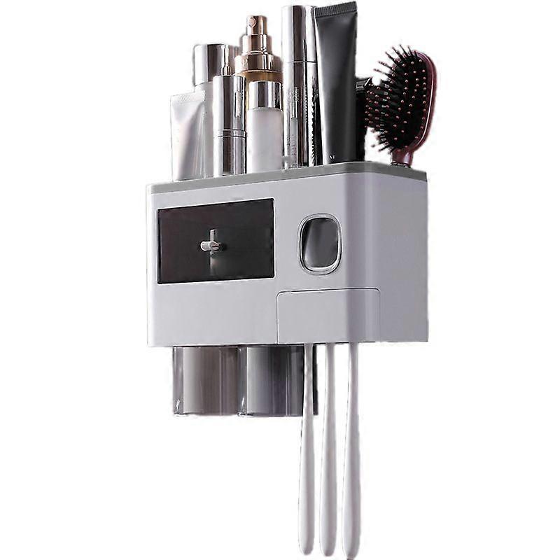 Wall Mounted Toothbrush Holder Multi Function Magnetic Absorption Bathroom Storage Rack with Drawer Toothpaste Dispenser 2 Cup Translucent Gray (24.4x