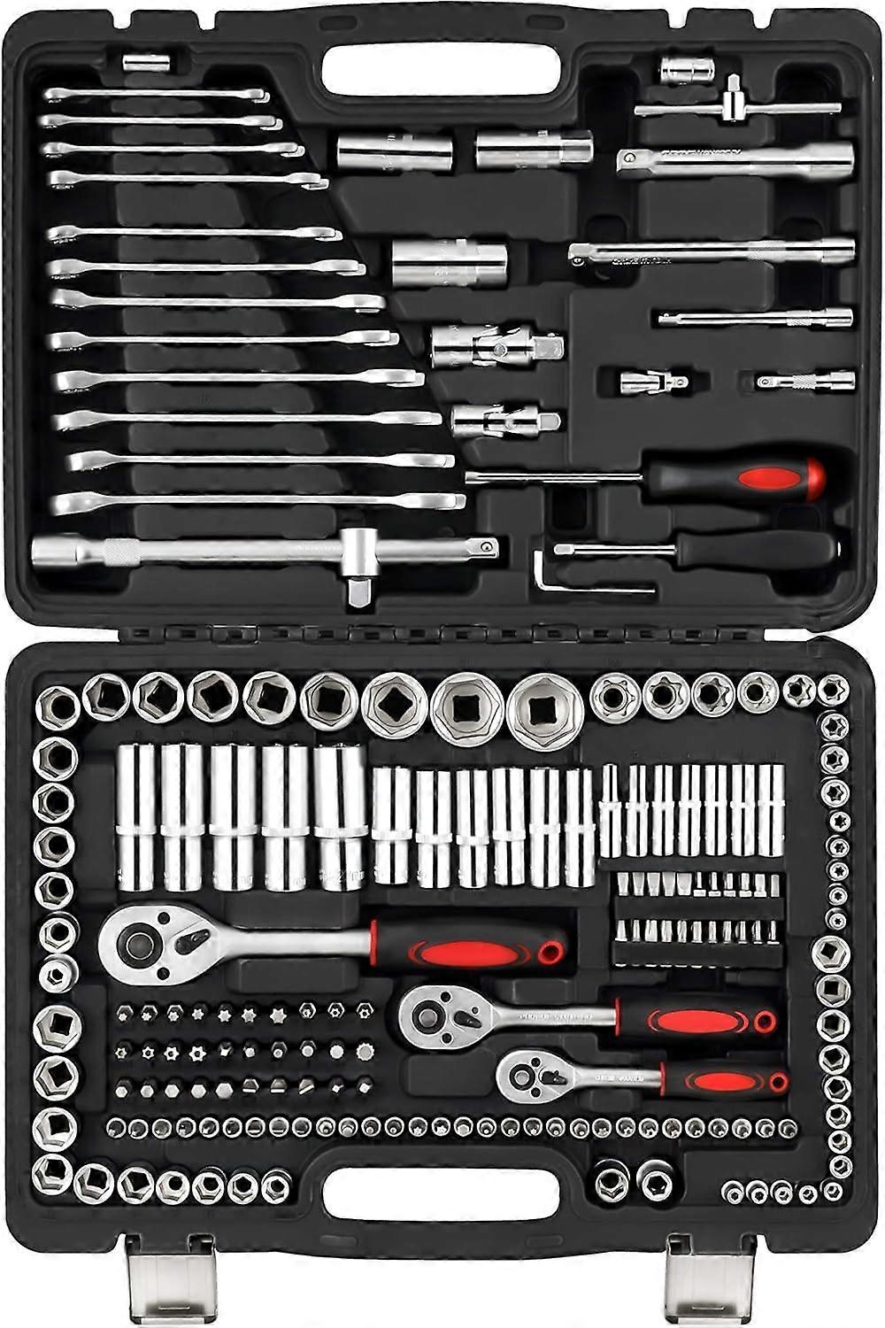 216 Pieces Mechanic Tool Set With 1/4-Inch To 1/2-Inch Socket Set Metric & Standard 72-Tooth Reversible Ratchet Wrench