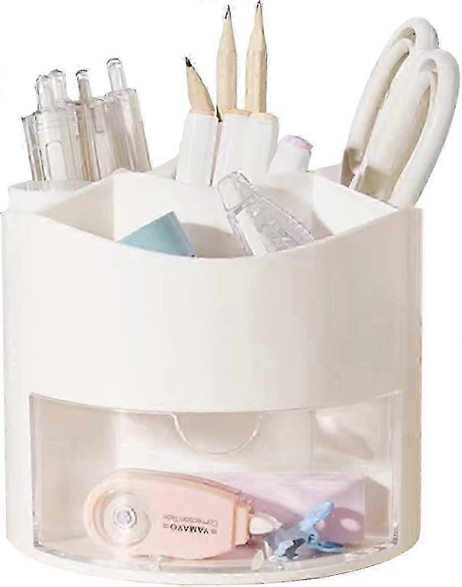360° Swivel Pen Holder with Drawer, 5-Compartment Desk Organizer for Makeup Brushes