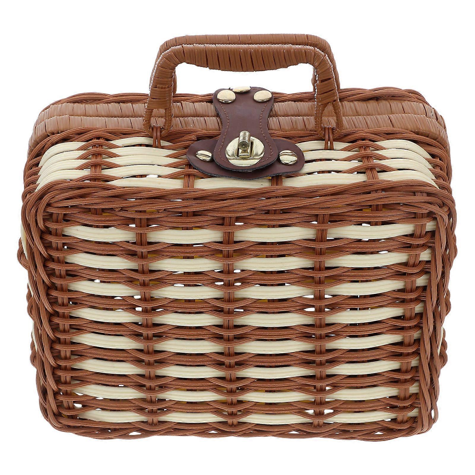 Decorative Suitcase Box Wicker Picnic Baskets Vintage Design Rectangular Shape Multi-Tone 22.00X17.00X11.00CM Storage For Travel And Camping 1Pcs