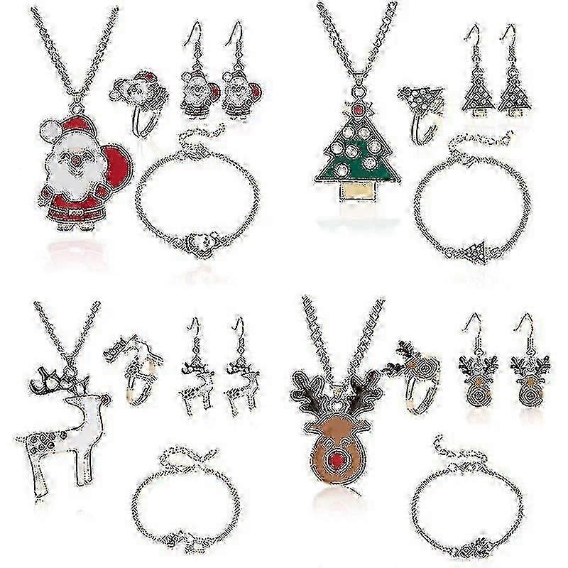 5pcs /セットクリスマス女性合金ジュエリーセットサンタエルクベルイヤリングネックレスブレスレット装飾クリスマスアクセサリーギフト女の子女性用