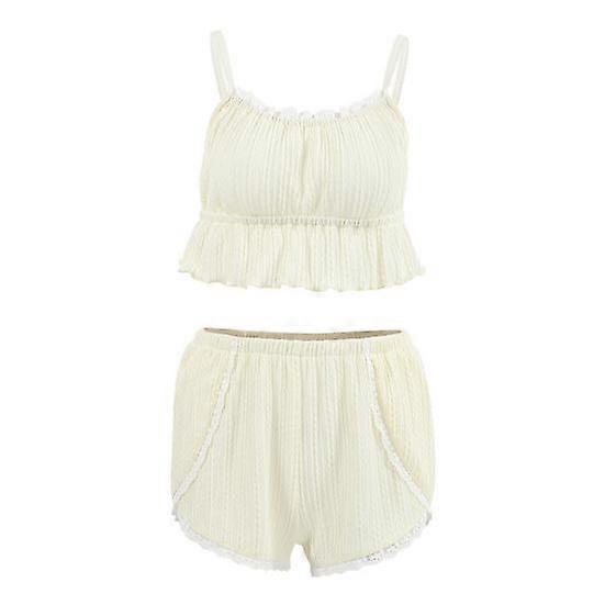 2 Pcs/Set Women Summer Pajama Set Backless Sleeveless Spaghetii Strap Lace Pleated Vest Elastic Waist Shirring Shorts Camisole Set Sleepwear