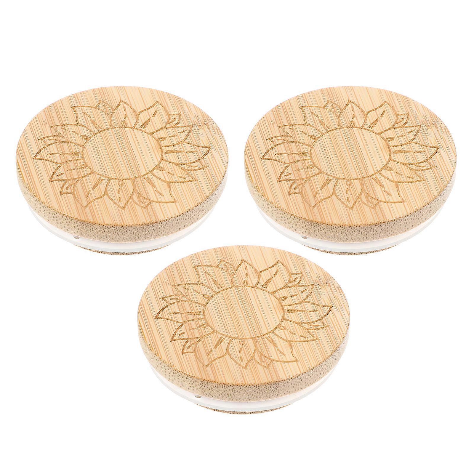 Jars with Lids Wide Mouth Bamboo Wood Lids with Sunflower Pattern for Food Storage Round 3Pcs