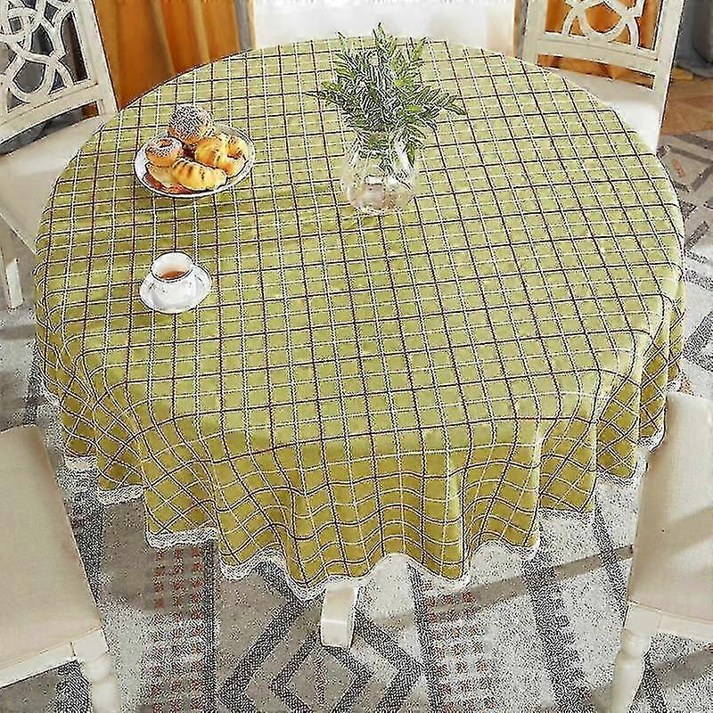 Round Cotton Linen Checkered Tablecloth 110cm Christmas Green