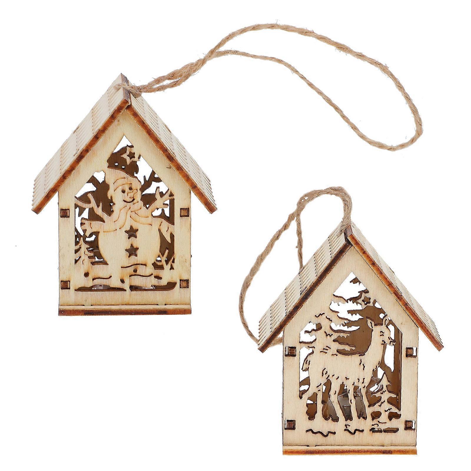 Wooden Hanging Ornaments House Shape Christmas Scene Adorn Ivory Color 21.6x6.2cm Creative Design 2Pack