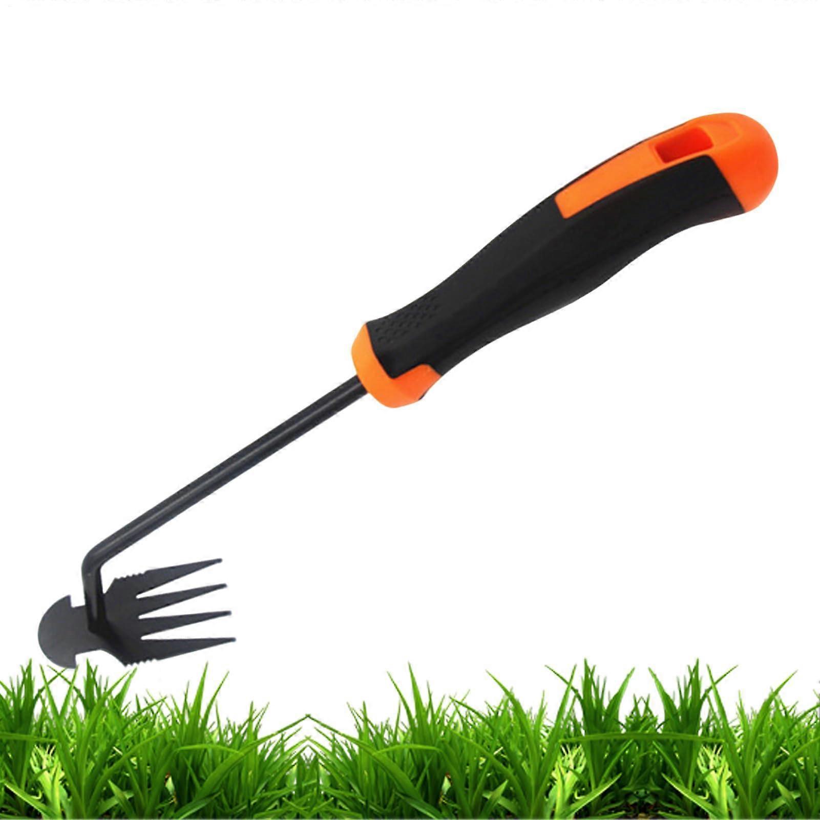 Gardening tool with four prongs for weeding, planting, bed maintenance.