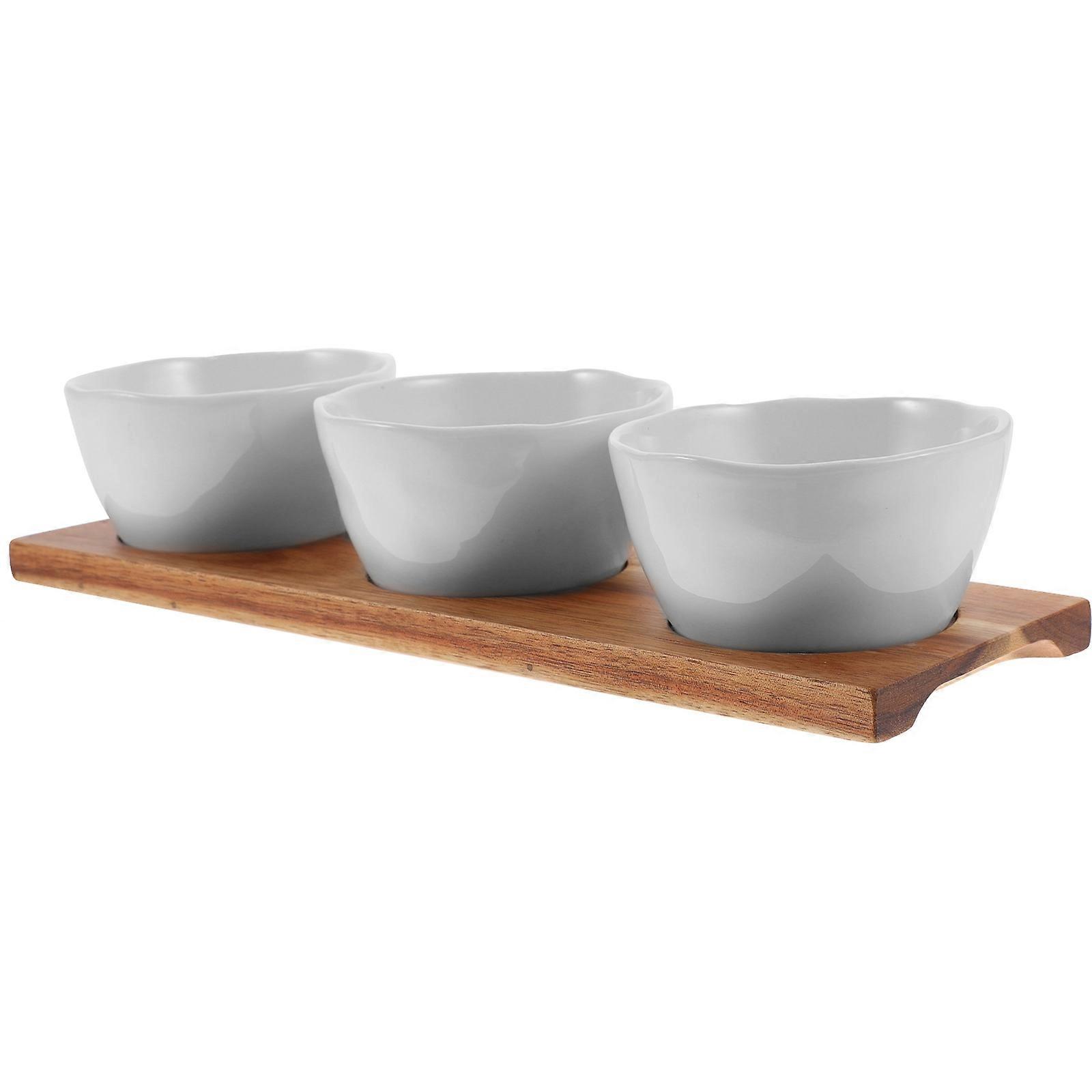 Wood and Ceramic Snack Tray with Bowls for Home Use White Color Fits for Sharing Snacks in Parties