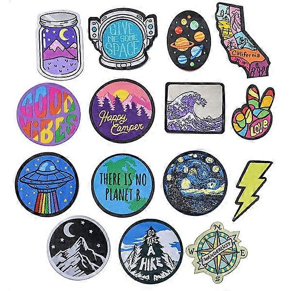 One pack of 15 iron-on fabric patches on sticker backing