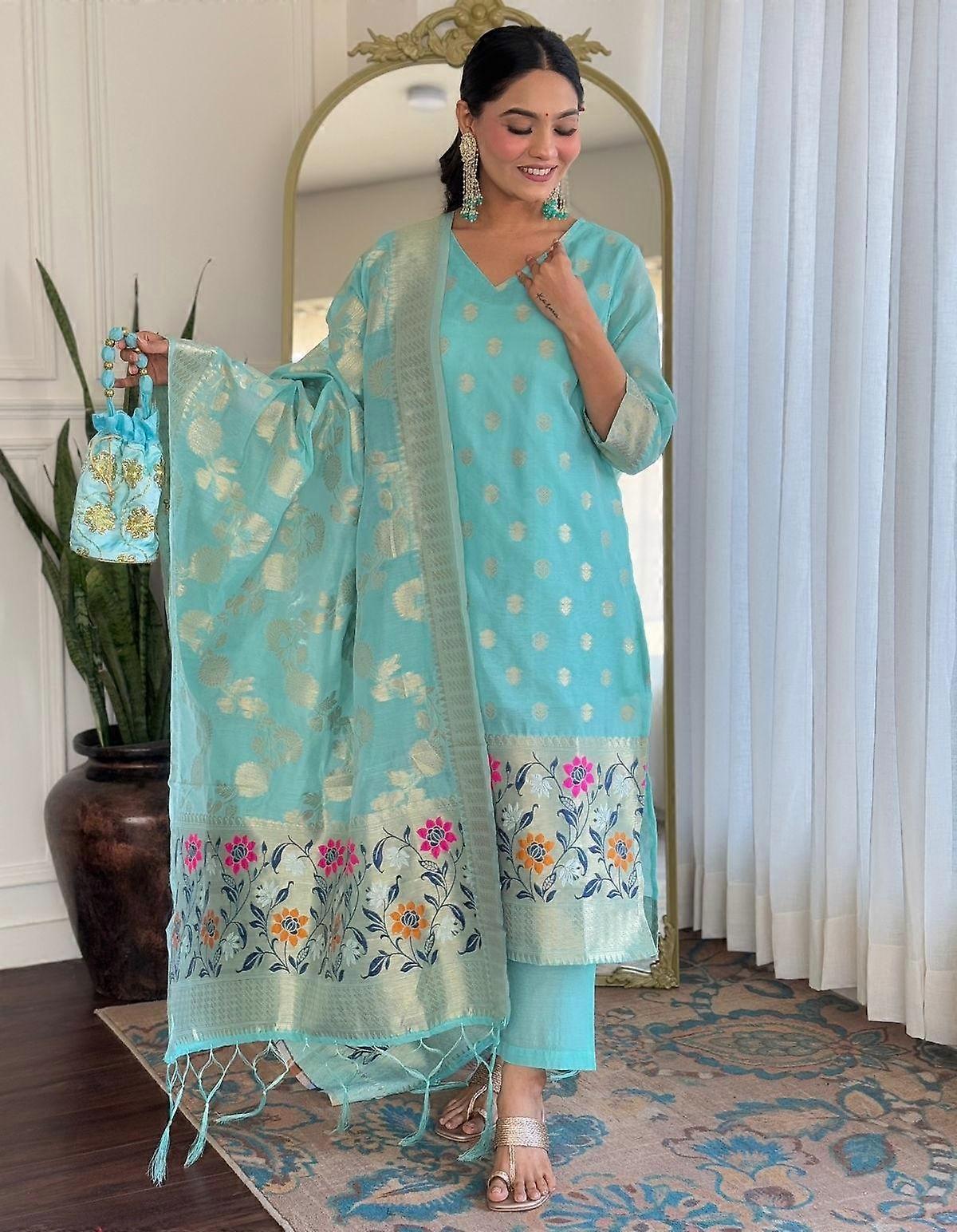 Bollywood Indian Pakistani Kurta Pant Dupatta Set Women Party Wear Top Tunic Kurti Salwar Kameez
