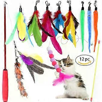 12 Pz Gatto Teaser Giocattoli Divertente Interattivo Piume Colorate Campane Telescopica Canna Da Pesca Gattino Gatto Giocare Bacchetta Giocattolo