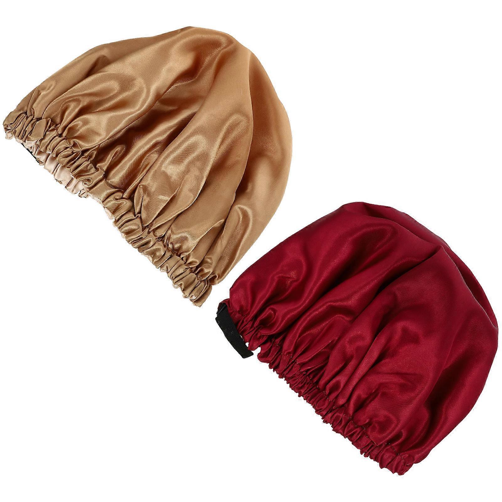 Adjustable Satin Night Hats for Women Non Skid Double Layer Silk Caps in Burgundy & Khaki to Prevent Frizz & Keep Pillows Clean