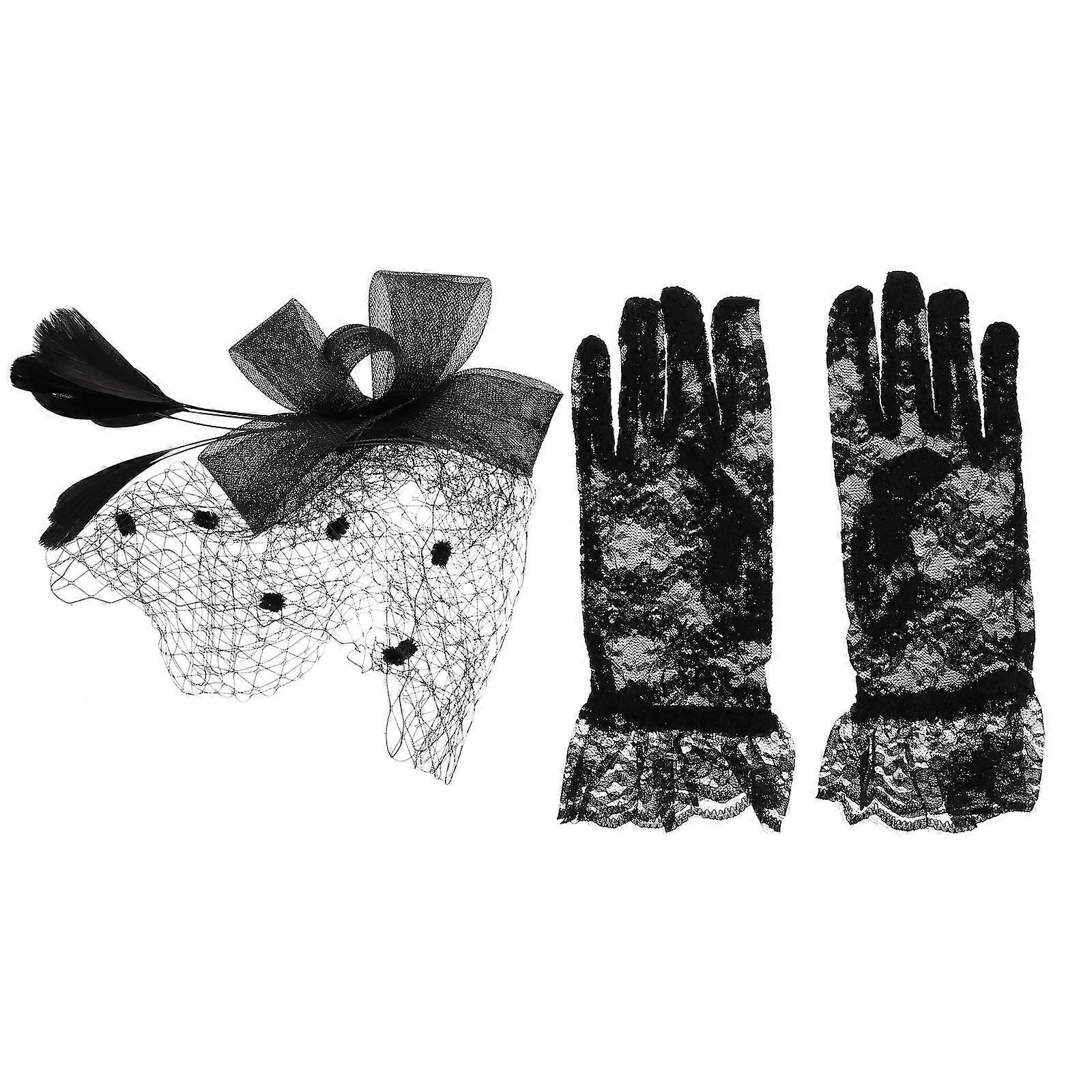 Elegant Black Fascinator Hat With Matching Floral Lace Gloves For Formal Events One Pair
