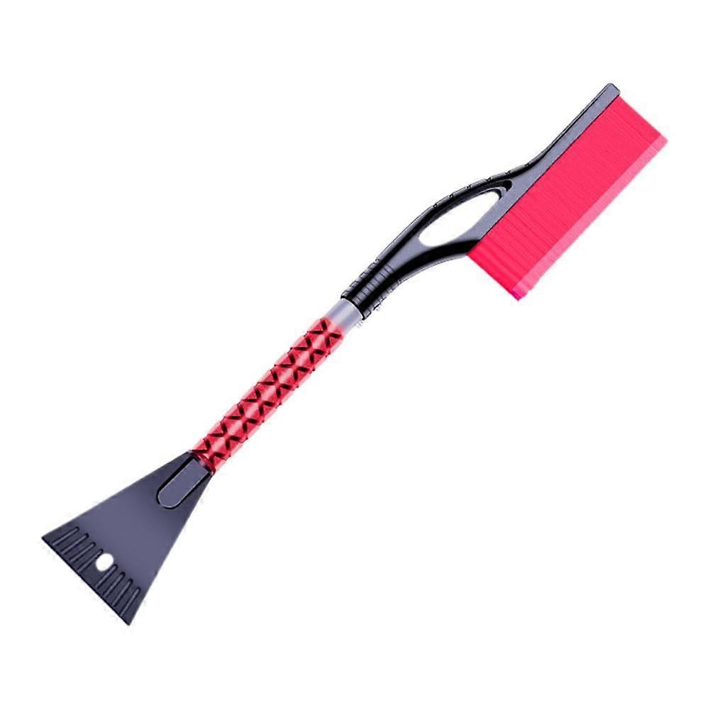 Snow whisk and ice scraper for windshields, snow removal tool for car windows, soft foam, broom head handle, red SUV truck.