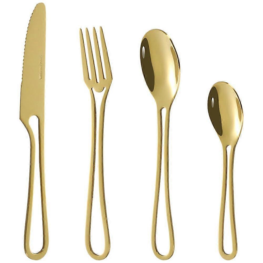 Steak Fork Spoon Simple Hollow Handle Steak Knife Dessert Spoon Western Set Cutlery Set(Gold) As shown Gold Ref: 5424
