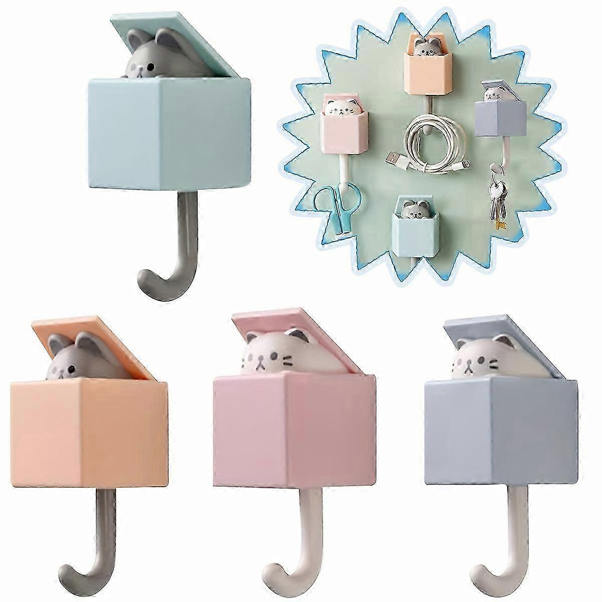 4pcs Cat Key Hooks, Cute Room Decoration Creative Wall Mounted Adhesive Hooks