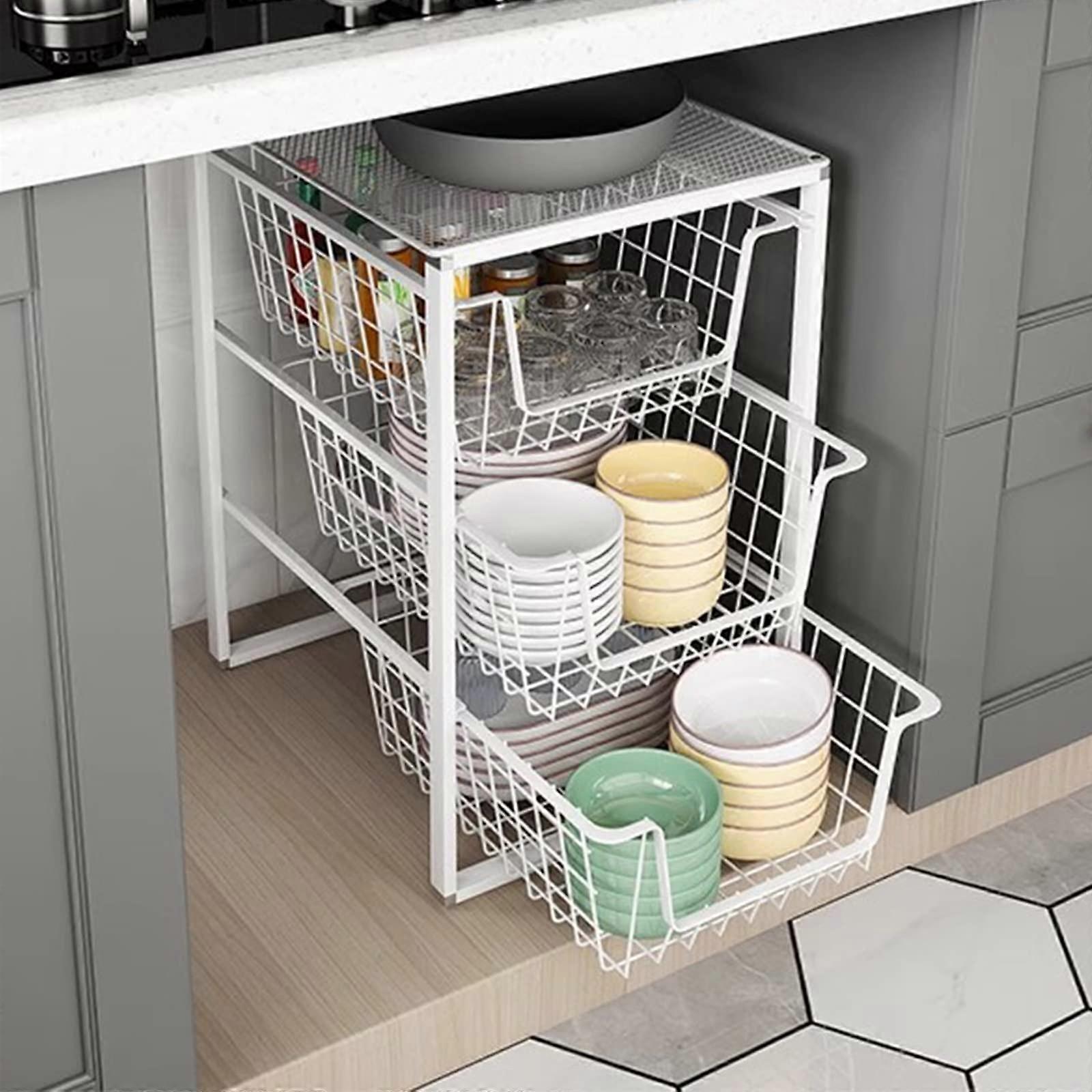 Under Sink Organizers 2Tier PullOut Sliding Shelf For Kitchen Cabinet And UnderSink Storage White