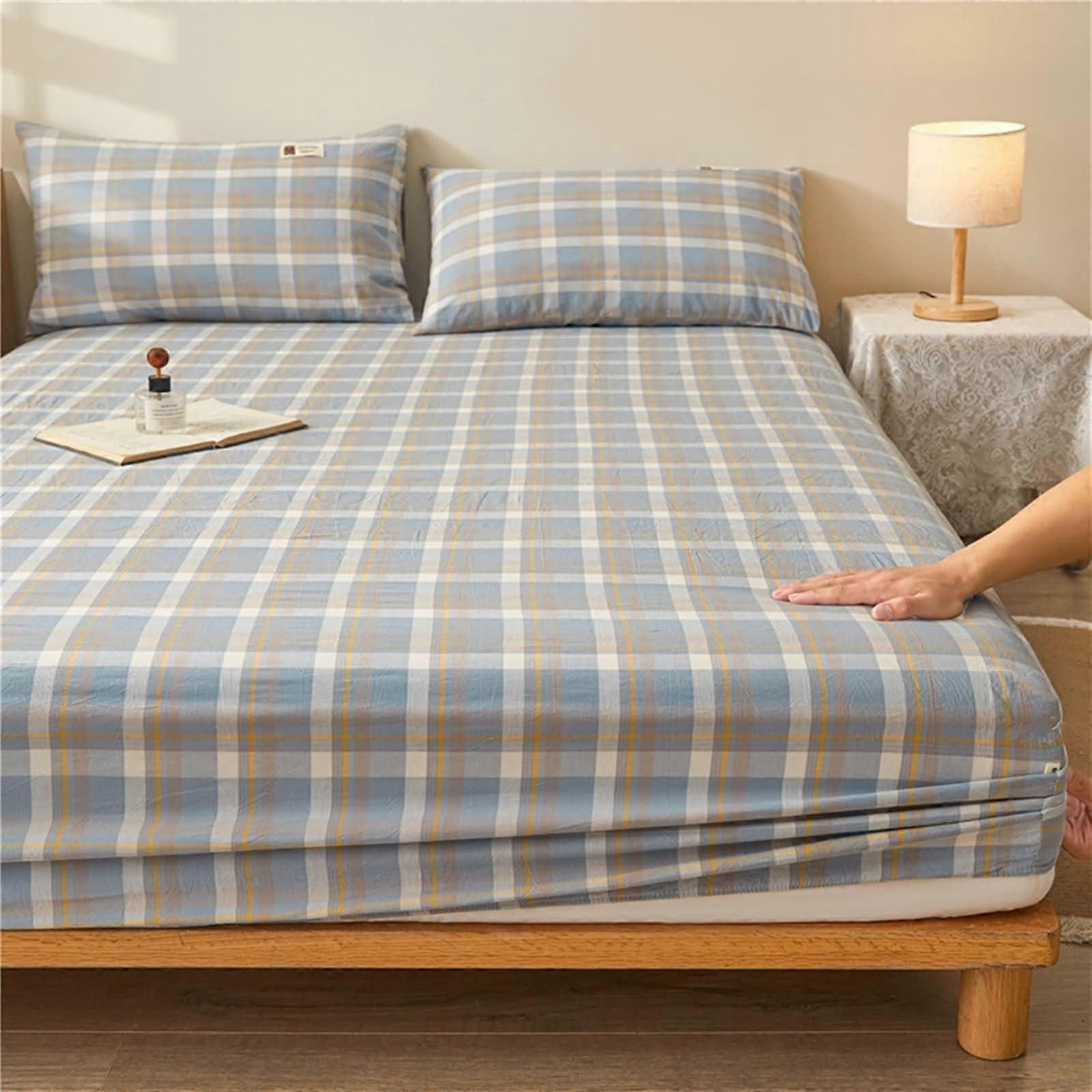 Jersey Fitted Sheet  135x200 Cm, Cotton, Stripes And Checked Pattern, For Box Spring Bed And Water Bed