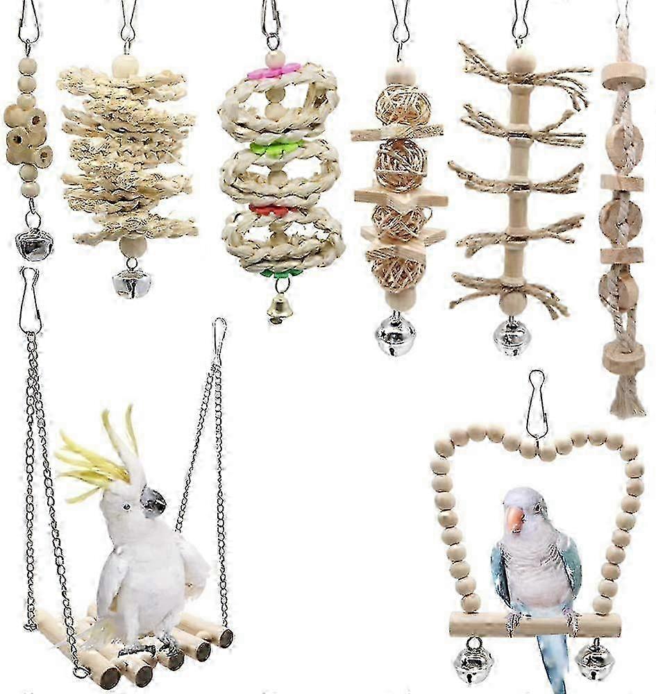 Bird Sanctuary, Swing Hanging Parrot Toys Natural Wood Chewing Hammock For Parakeets And Conures, Easy To Install Climbing Ladders With Safe