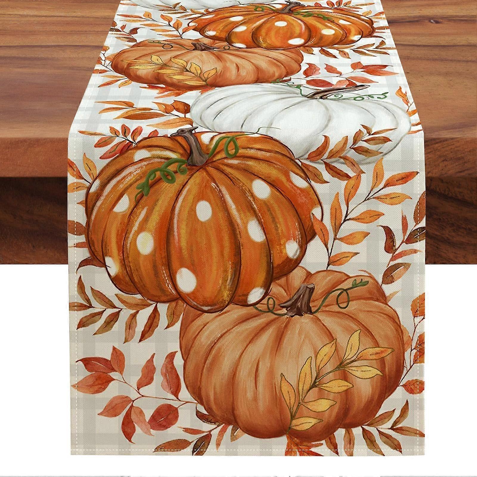 Pumpkin Table Runner with Autumn Leaves Pattern, Linen Farmhouse Table Decor for Thanksgiving