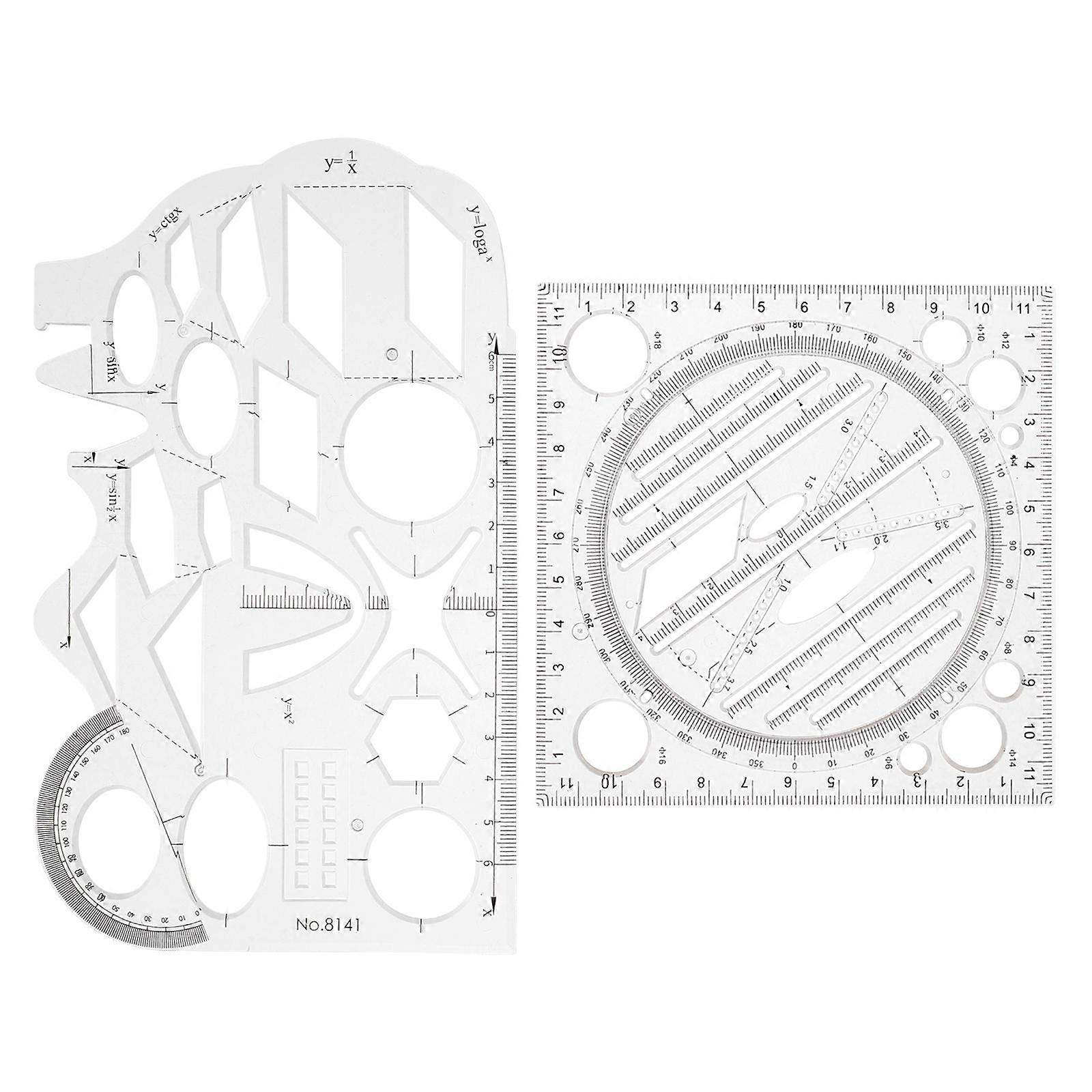 Multifunctional Geometric Ruler Measuring Tool For Students Transparent Plastic Draft Rulers 2Pcs