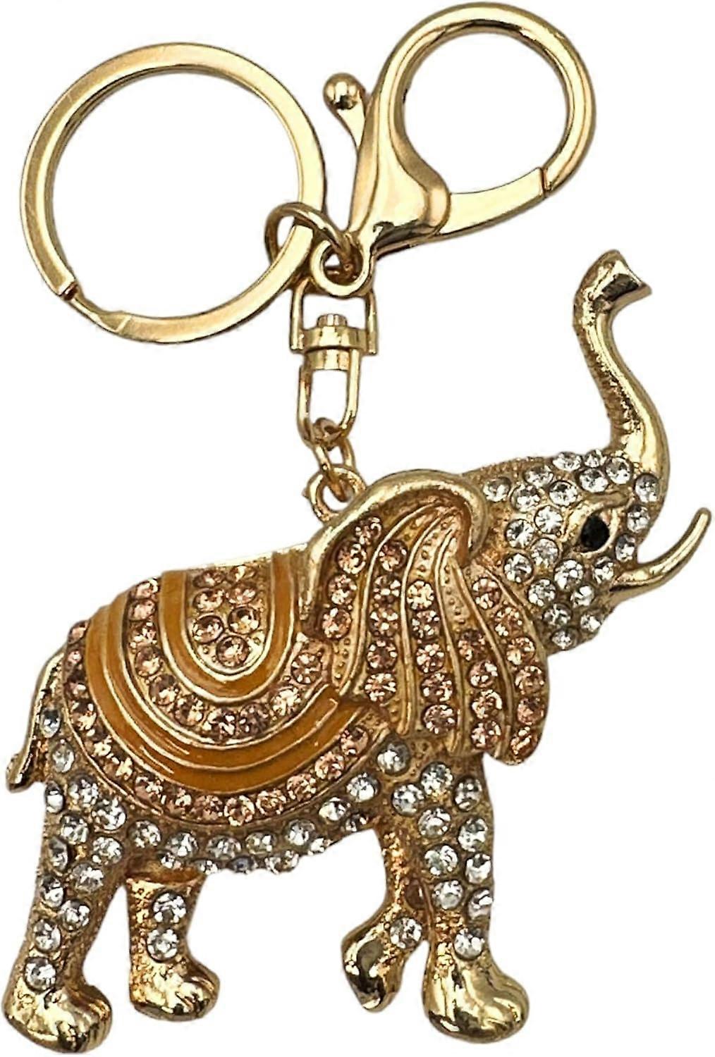 Elephant Keychain - Inlaid with Rhinestones - Gold-tone Filigree Back - Drawstring Bag - 4.5 in Long