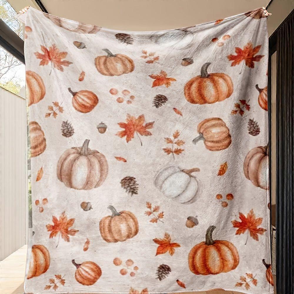 Autumn-Themed Pumpkin Spice and Maple Leaf Plush Blanket, Ultra-Soft Warm Flannel Throw for Sofa, Bed, Nap Time, Travel,-OLKJS397