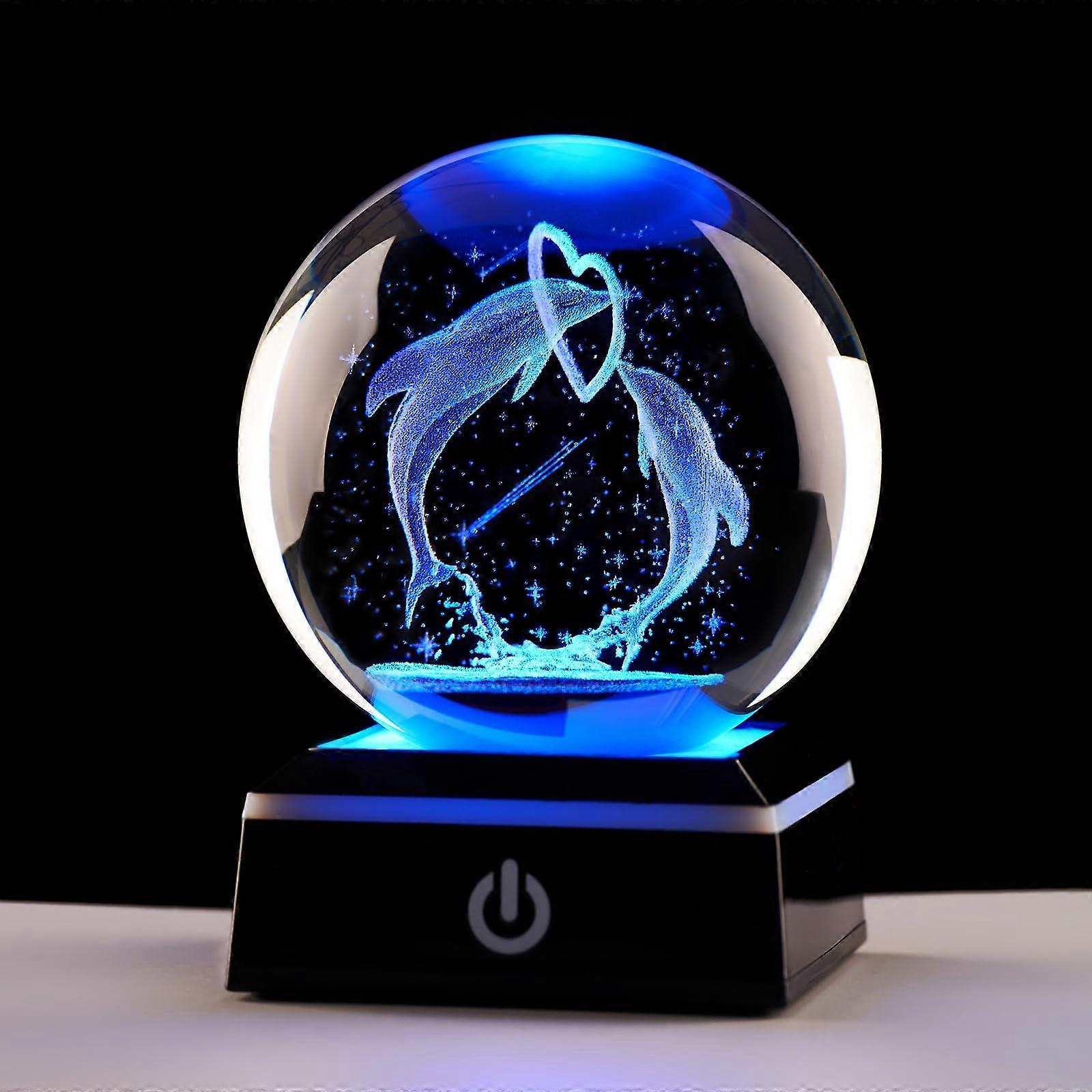 3D Dolphin Crystal Ball Lamp with Wooden Base, Laser Engraved LED Night Light, 6 Color Modes