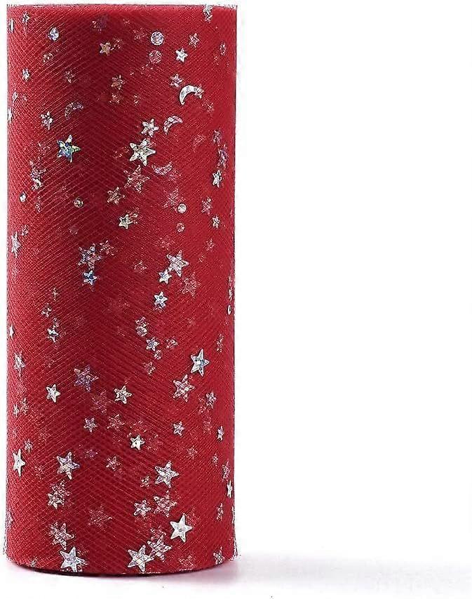 1 Roll Glitter Sequin Deco Mesh Ribbons Tulle Fabric Tulle Roll Spool Fabric for Skirt Making Star Pattern Red 6 inch(15cm) 25 Yards(22.86m)