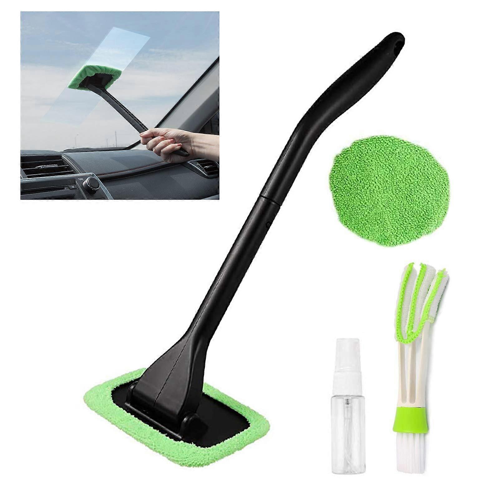 Car Windshield Cleaning Tool with 180° Rotating Head and Extendable Handle for Interior and Exterior (GreenRectangle)