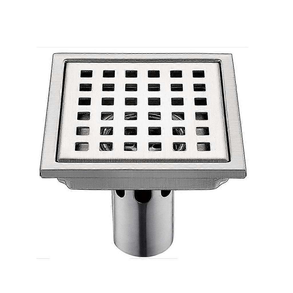 Floor Drain Large Flow Steel Square Shower Drain with Hair Strainer, Simple Grid Design, 4 Inch Size