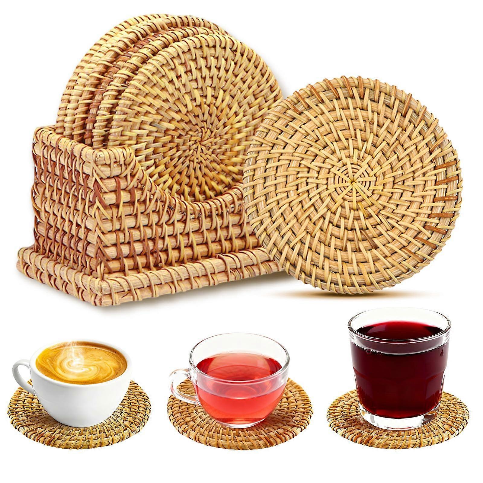 Handmade Rattan Coasters Set of 6 with Holder, Boho Wicker Drink Coasters for Coffee Table Decor