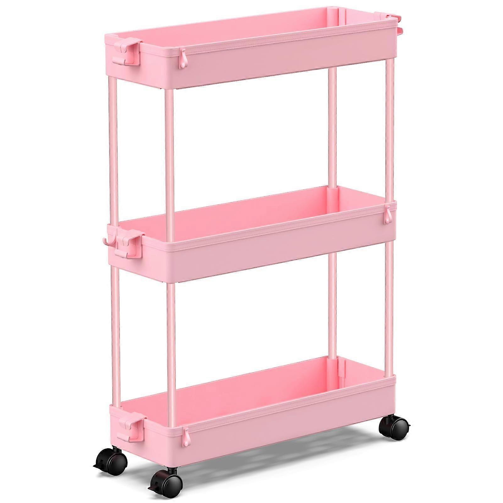 Slim Storage Cart with Adjustable 3Tier Design, Rolling Utility Organizer for Narrow Spaces, Pink