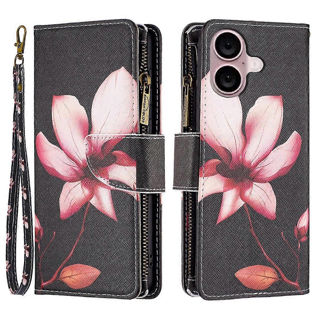 BF03 For iPhone 16 Plus Case Pattern Printing Zipper Leather Phone Stand Cover