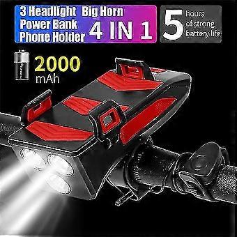 4-in-1-Fahrradlampe: Vorderradhupe, Licht, Handyhalterung, Alarmklingel, Powerbank, LED-Taschenlampe (für Mountainbikes, 25-26 Zoll)
