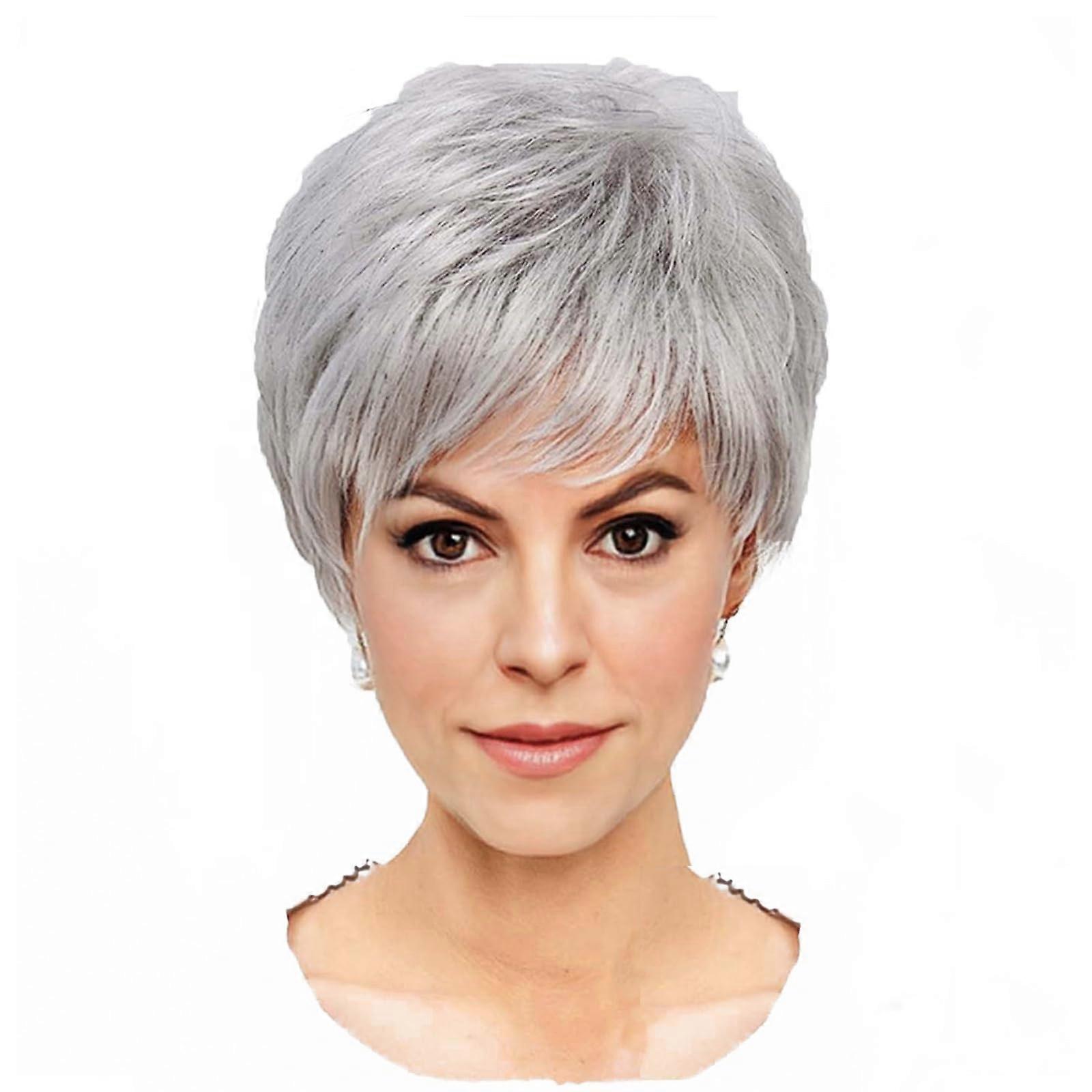 Short Pixie Wig with Bangs Grey Natural Style HeatResistant Fibers Adjustable Comfortable Fit