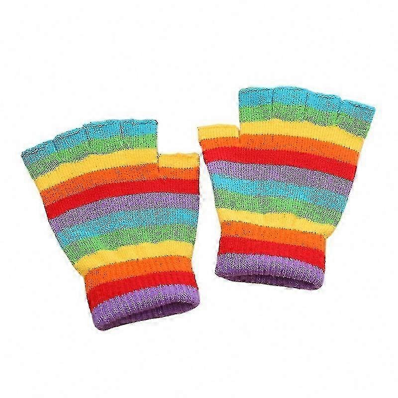 Rainbow Striped Knitted Mittens Windproof Half Finger Gloves for Winter