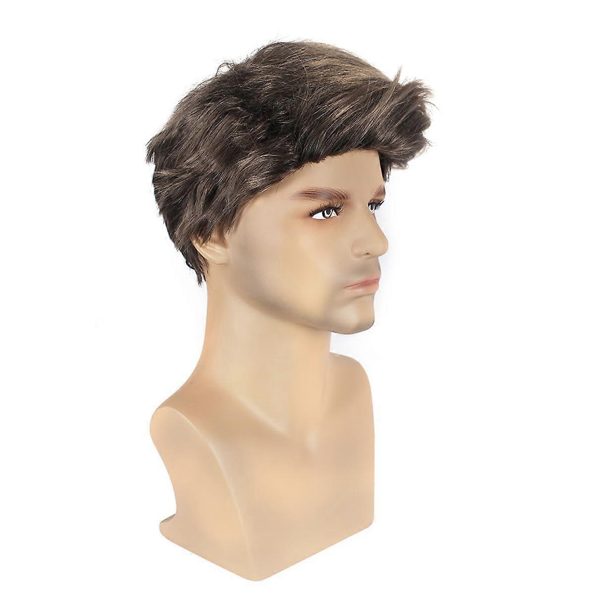 Men Short Brown Wig with Sharp Side Part and Angled Side Bangs, Natural Looking Neat Style