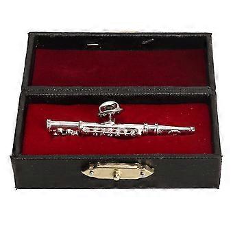 Silver flute brooch, miniature musical instrument, lapel pin with red velvet-lined instrument case