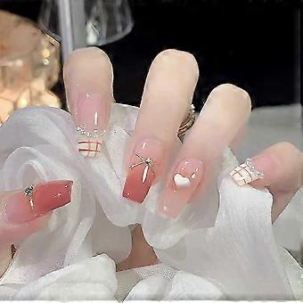 3D Heart Press on Nails with Pearl Chain and Rhinestones, Glossy Medium Fake Nails for Women