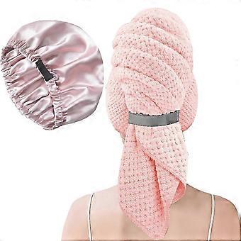Microfiber Hair Towel Wrap and Satin Sleep Bonnet Set, Fast Drying, Frizz Control, for Women