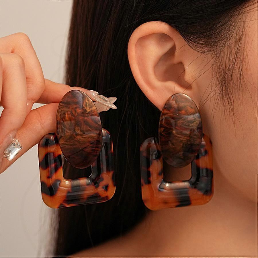 Alloy Resin Dangle Stud Earrings Rectangle 60x40mm