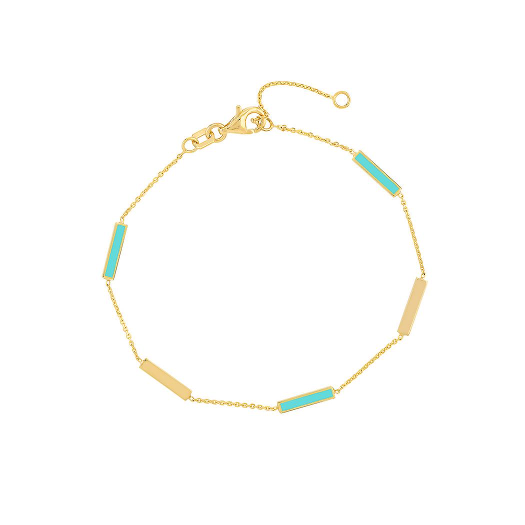 Pulseira de ouro amarelo 14k com esmalte azul claro e design de barras alternadas, 18,4 cm (7,25 polegadas), para mulheres.