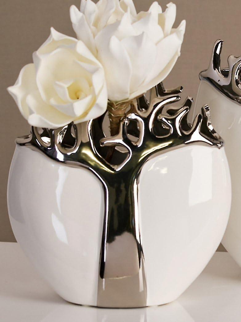 Oval Ceramic Vase With Metal Tree Design - White/silver (21x9 Cm)