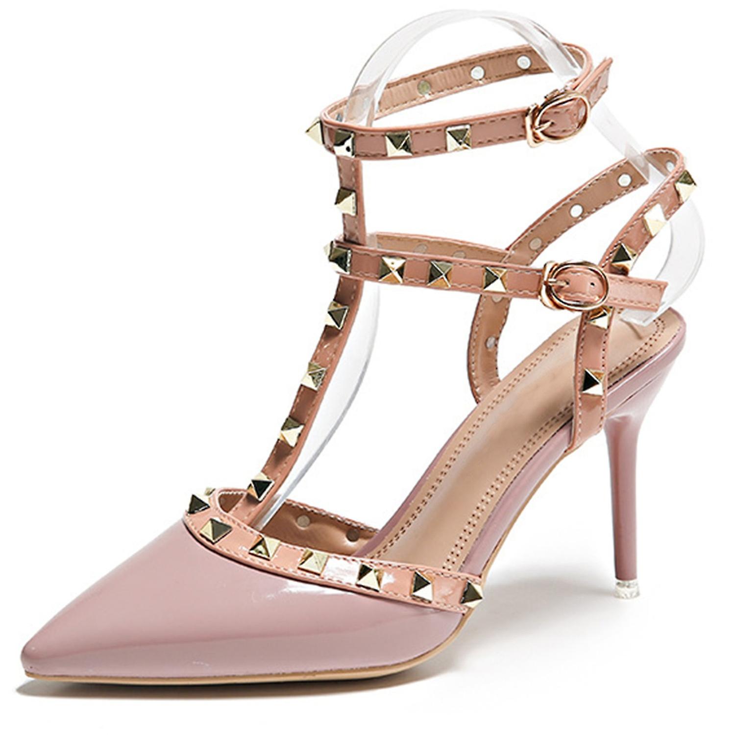 Women Rivets Ankle Strap Stilettos Sexy Pointy Closed Toe T-Strap Pumps Party Prom Evening Dress Lad