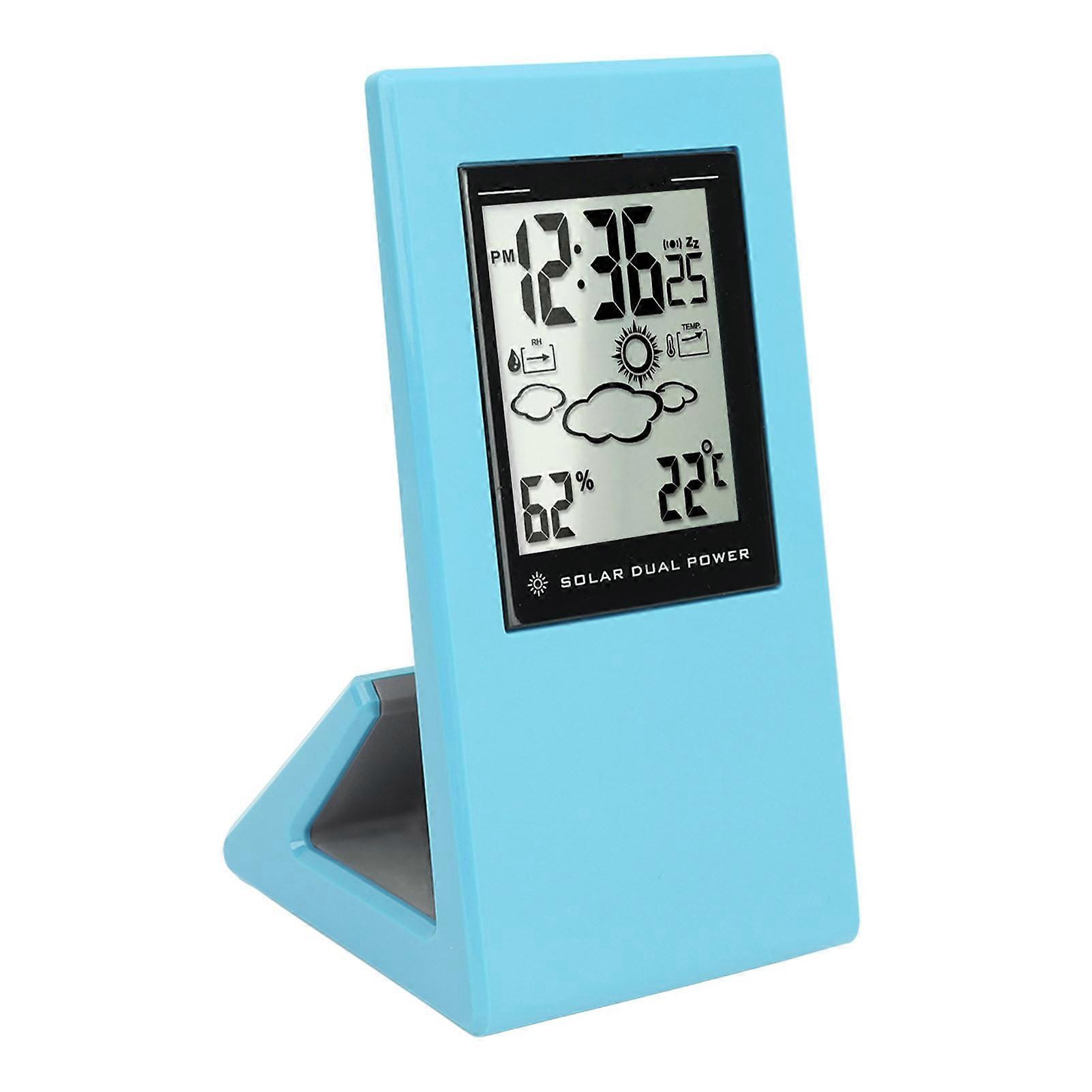 Solar Battery Powered Weather Forecast Clock with LCD Display Digital Temperature Humidity Meter Square Design for Home School Office Blue