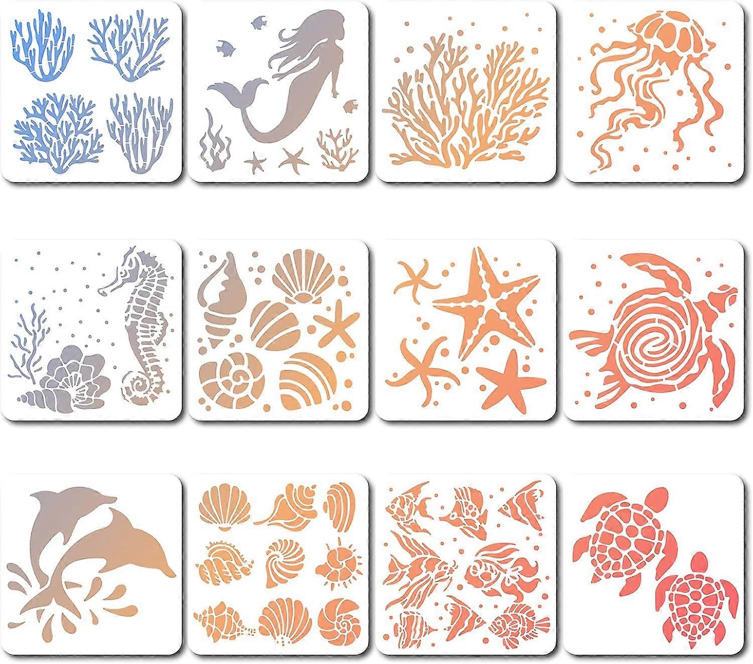 12 Styles 18x18cm Sea Creatures Stencils Square Painting Template Coral Shell Conch Sea Turtle Starfish Tropical Fish Reusable Summer Ocean Theme Draw
