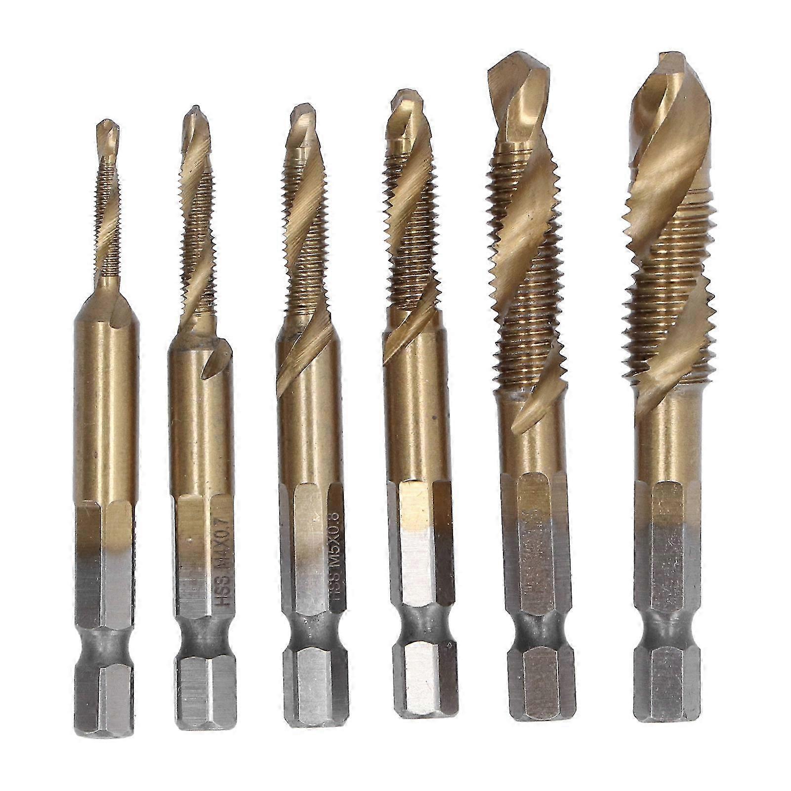 6Pcs Combination Drill Tap Bit 1/4in Hex Shank Spiral Tapping Chamfering Drilling Bits M3?M10