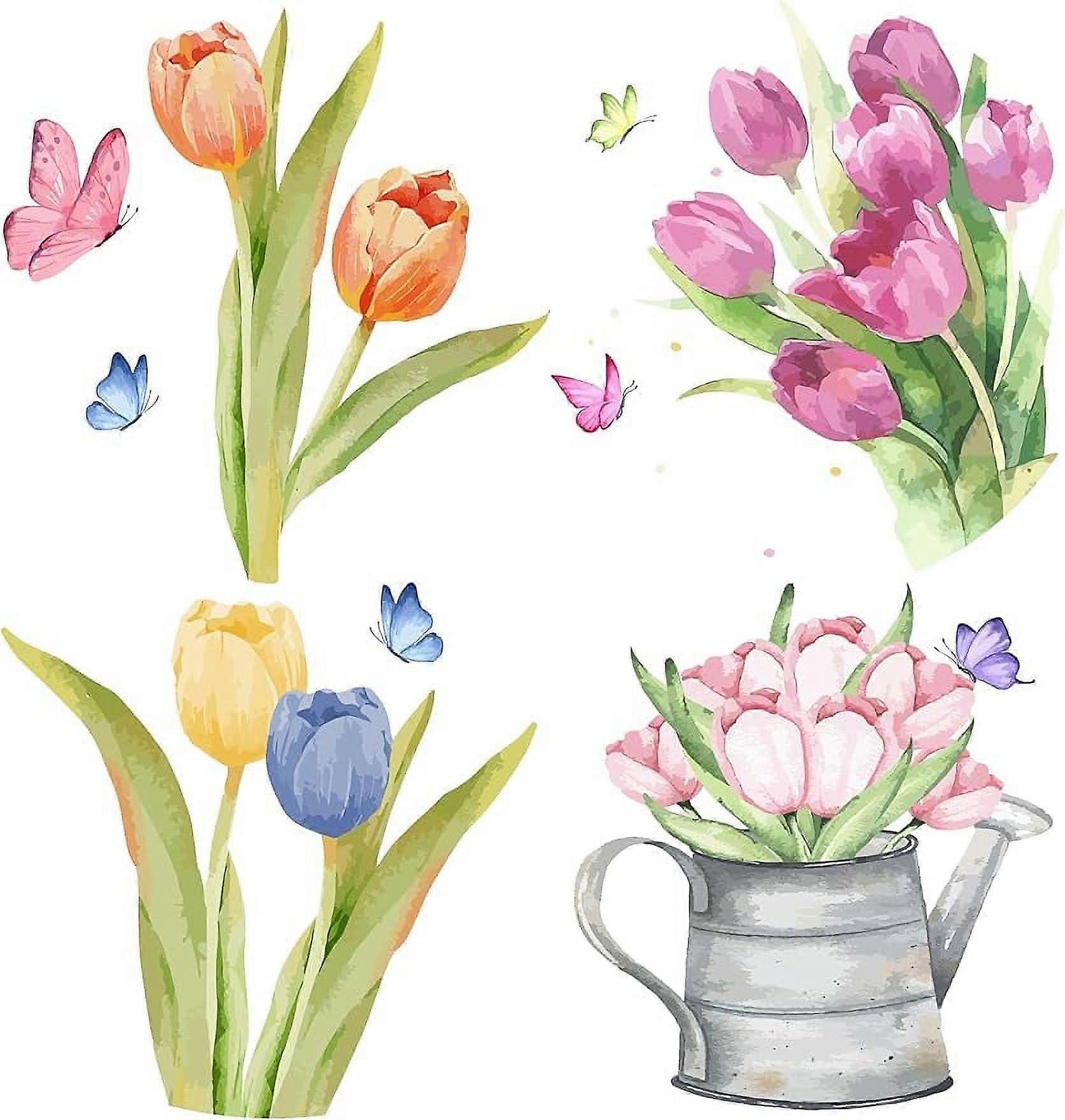 4Styles Tulip Window Clings 6.3x6.3 Spring Summer Window Cling Sticker Butterfly Flower Window Decal Removable Glass Door Covering Film